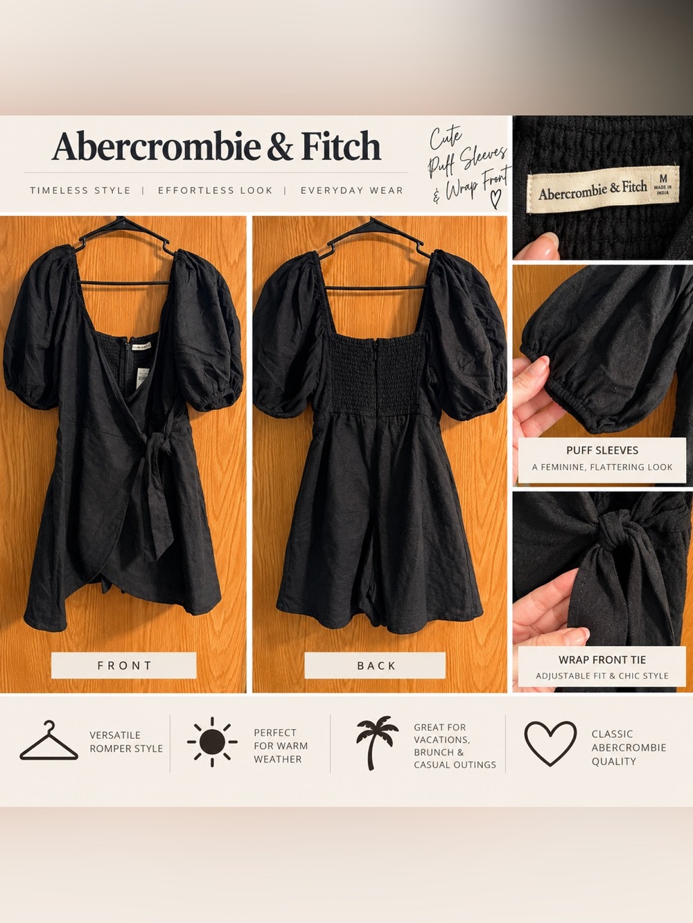 Abercrombie & Fitch Black Puff Sleeve Wrap Top